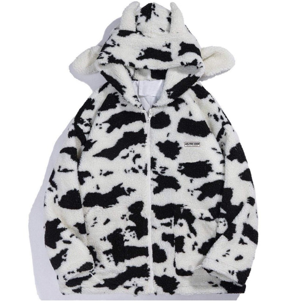 Aelfric Eden Cow Pattern Zip Up Sherpa Winter Coat